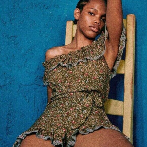 Sézane Kiwi Jumpsuit Romper Dress Floral Eyelet Embroidered Ruffle S-36 278086 - Picture 1 of 9